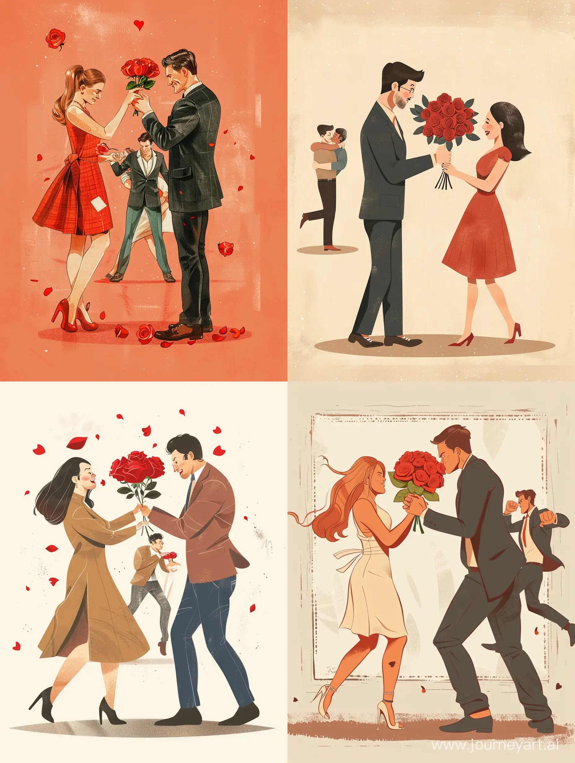 Man proposing a women with red rose bouquet and fighting couple at the back 