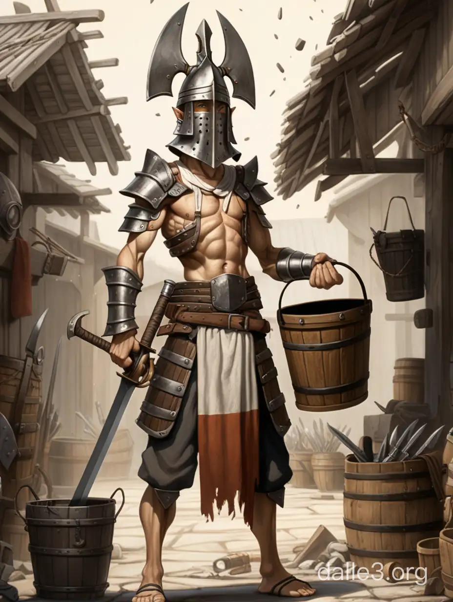 тощий воин ,двумя руками держит железный меч , на голове деревянное ведро , на фоне оружейня в которой бардак
