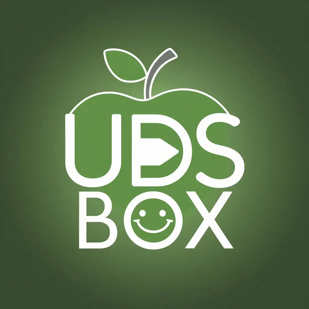 logo, Creation of a LOGO with a green apple written horizontally in the middle "Uds box" containing a horizontally arched arrow in the middle of the apple and a green background with a smiling and gentle typography, with the text "Uds box", typography