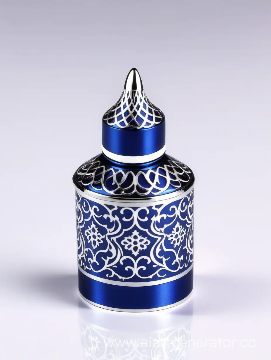 Zamac-Perfume-Decorative-Ornamental-Long-Cap-in-Shiny-Dark-Blue-with-Matt-White-Arabesque-Pattern-Metallizing-Finish