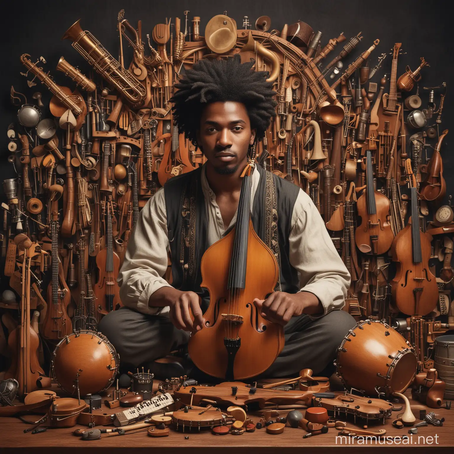 Generate an image featuring a musician surrounded by diverse musical instruments, with a backdrop that incorporates elements from different cultures. Include subtle nods to unity and harmony