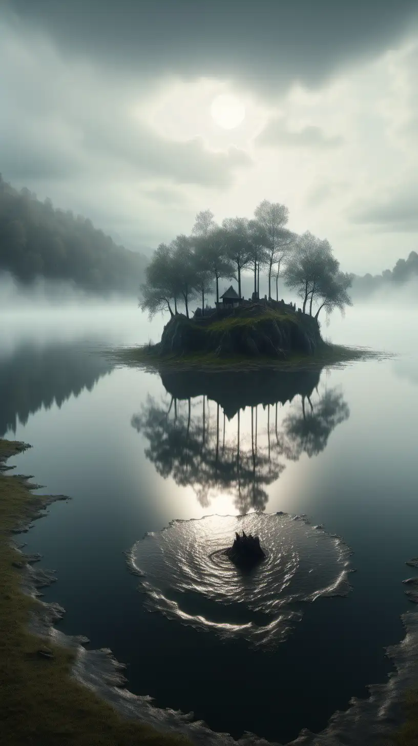 Un lago con una isla en medio ,niebla, barro,pelo mojado,siglo XVI, imagen ultra realista, iluminación cinemática, alta definición,8k