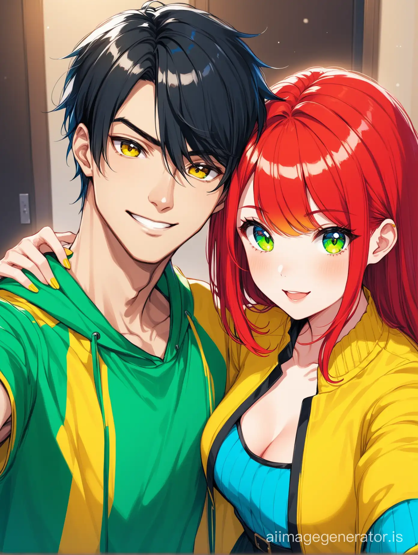 Selfie girl with bright red hair dressed in clothing of yellow, blue, and green colors, with a guy with black hair who is taller than her dressed in clothing of white, blue, red colors