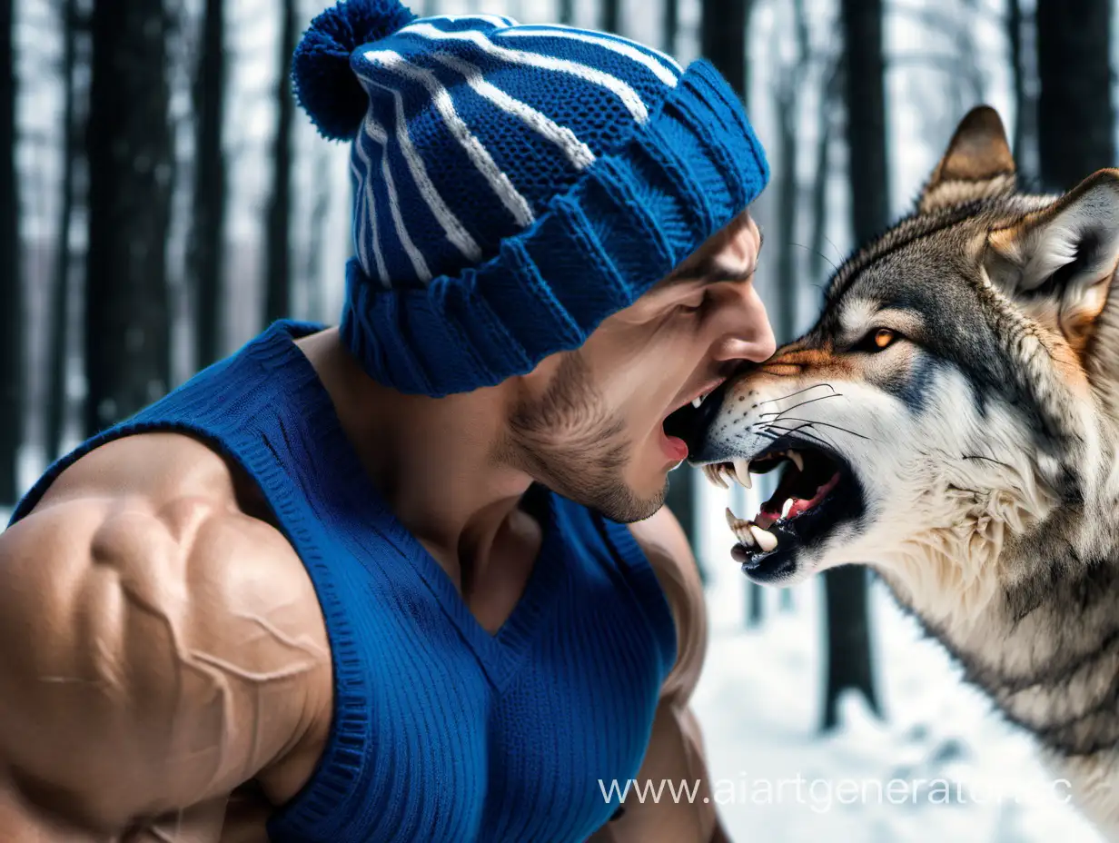 Strong-Man-in-Cozy-Blue-Sweater-and-Hat-Interacting-with-Wolf