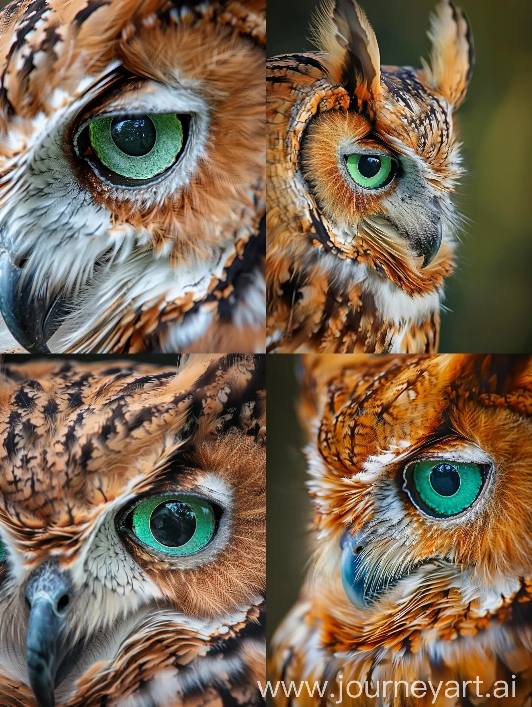 extreme close-up, macro photography of superb owl head, green sapphire eye, powerful, eyecatching style