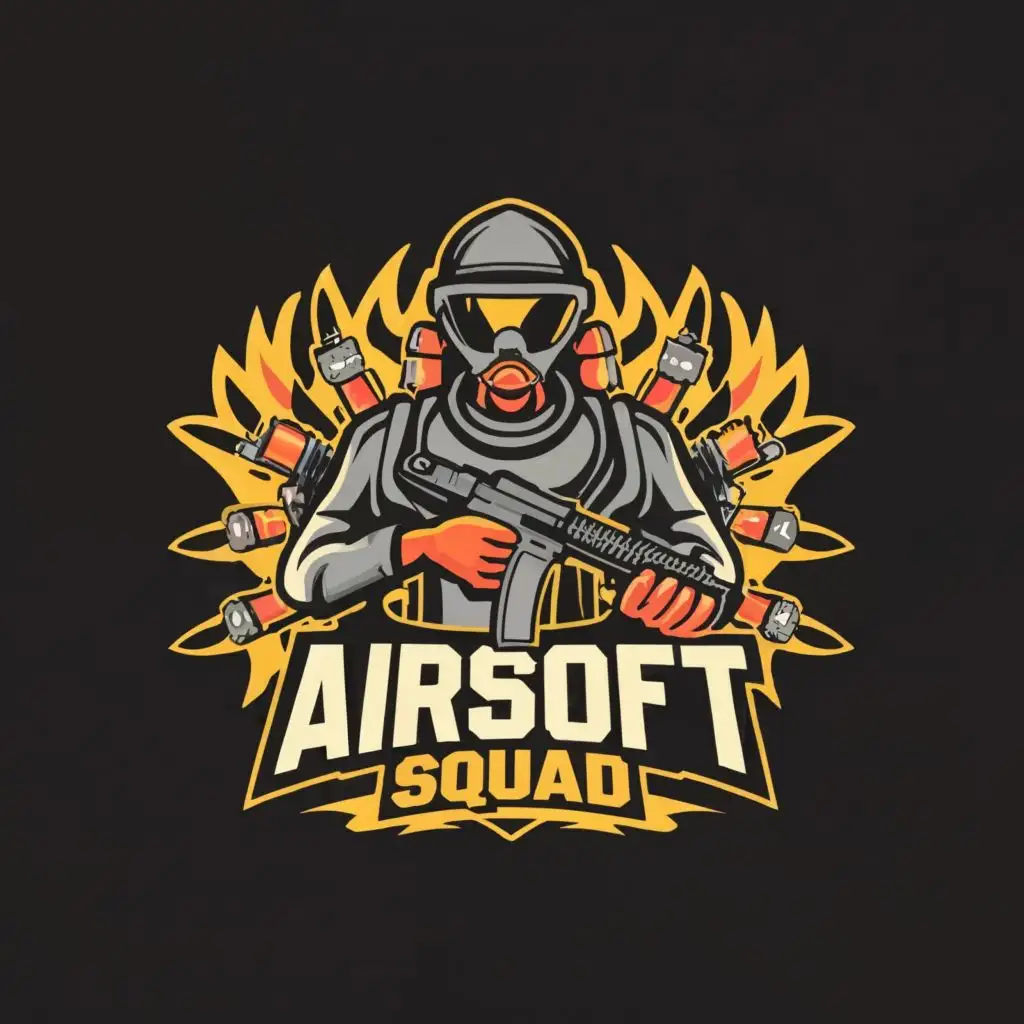 a logo design,with the text "Airsoft squad", main symbol: an airsoft gun surrounded by ammunition ,complex,be used in Sports Fitness industry,clear background