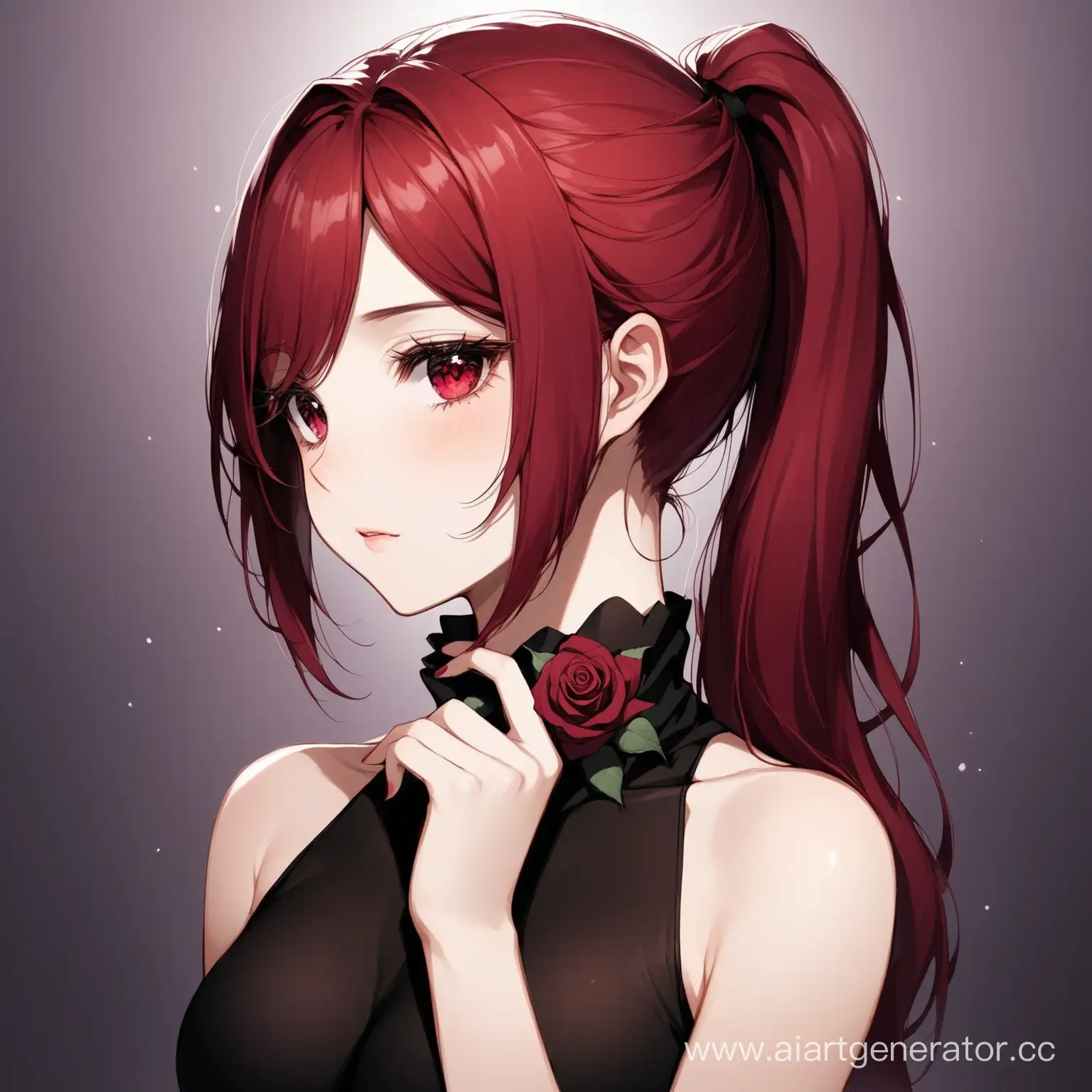 The girl with the red as rose hair in a ponytail. Her eyes are a dark purple color. There is a flower in her hair. The girl is wearing a tight black badlon covering her neck, sleeveless. The skin is a light shade 