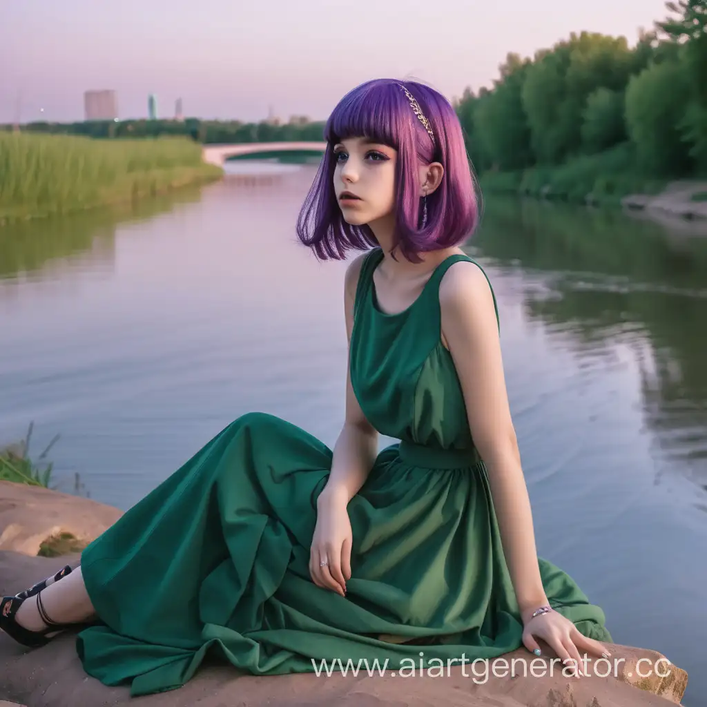 Эстетичная девушка с фиолетовыми волосами и в зеленом платье сидит на буреге реки