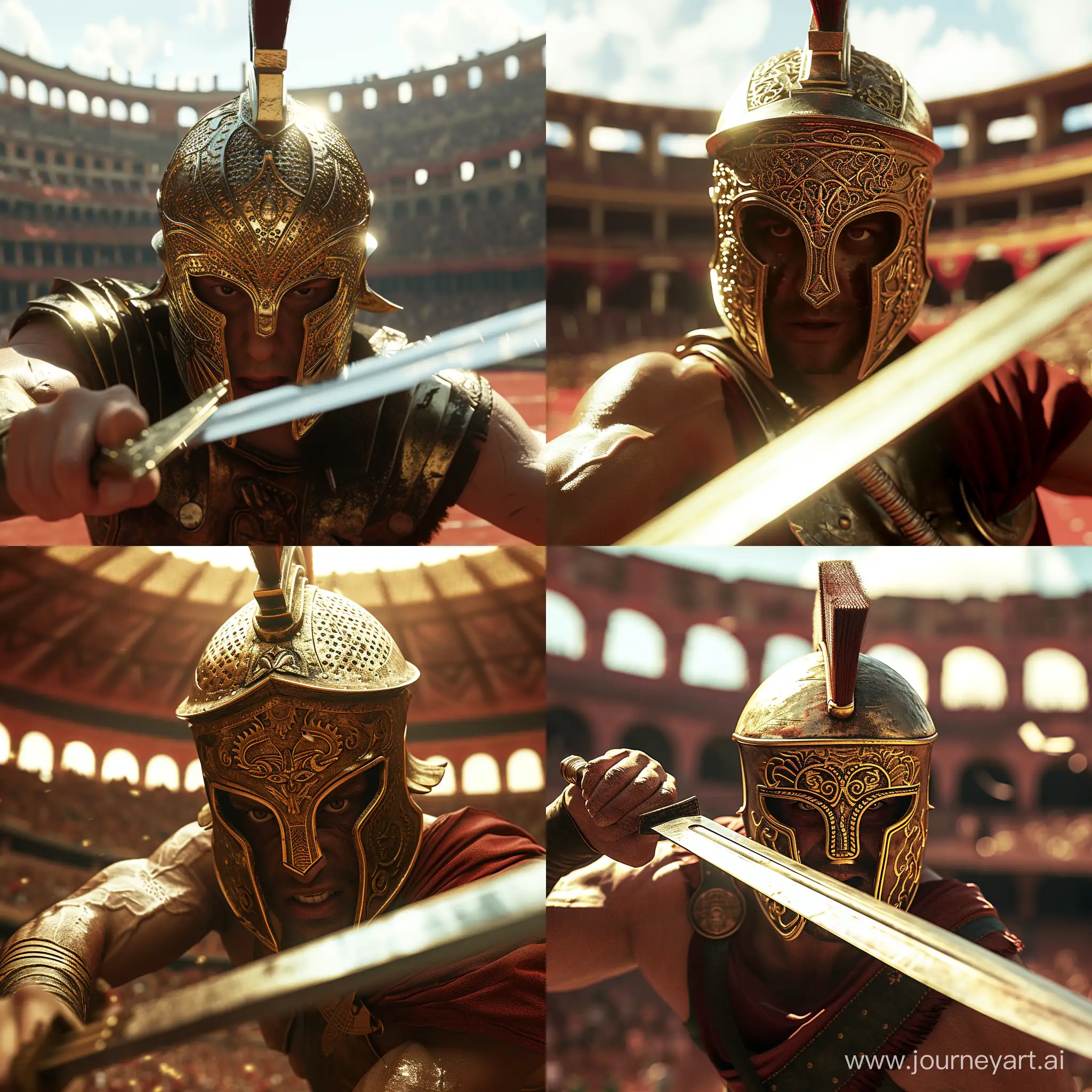 a close up high realistic cinematic photo of a gladiator with a sword going into battle inside a coliseum. His helmet is golden filigree, covering his cheeks and nose like the classic spartan helmet. --style raw