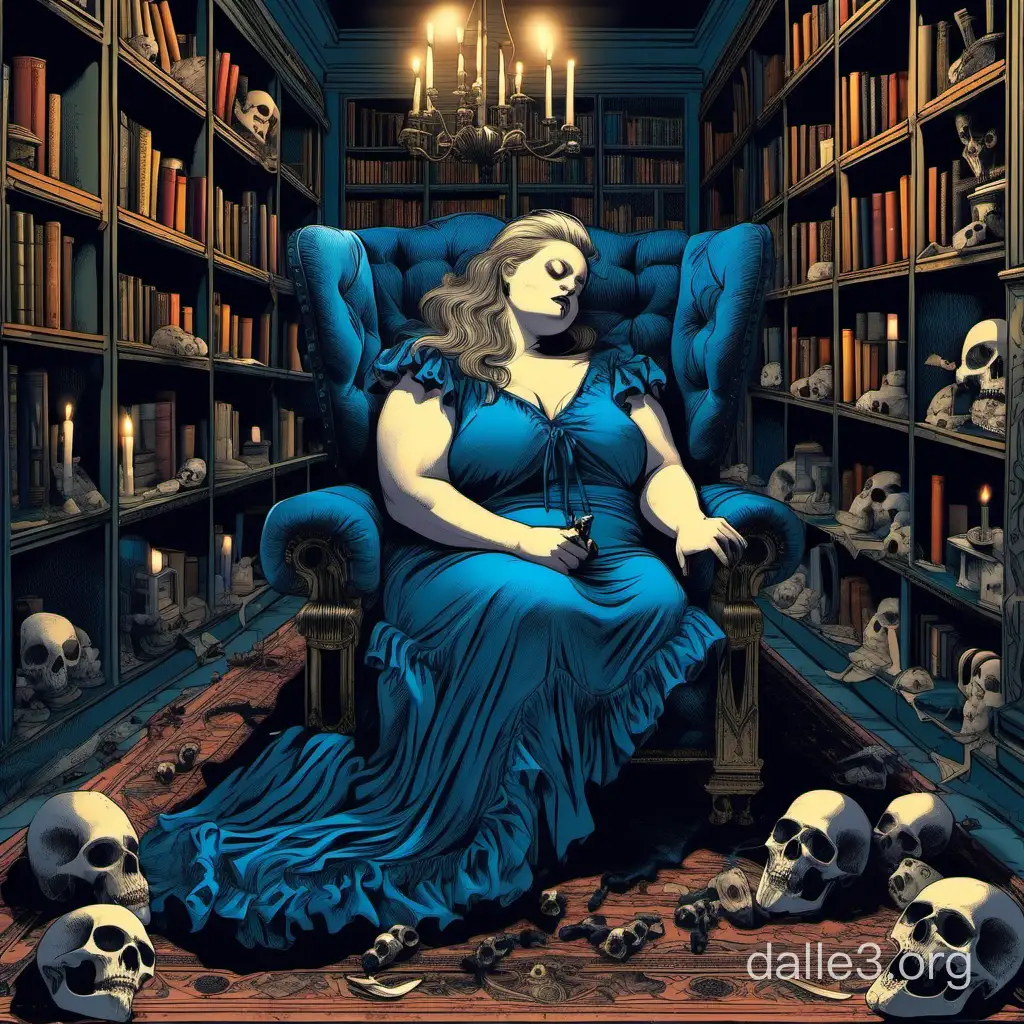 Plump woman in long blue dress is sleeping in the armchair in the dark library with candels and skulls on the floor