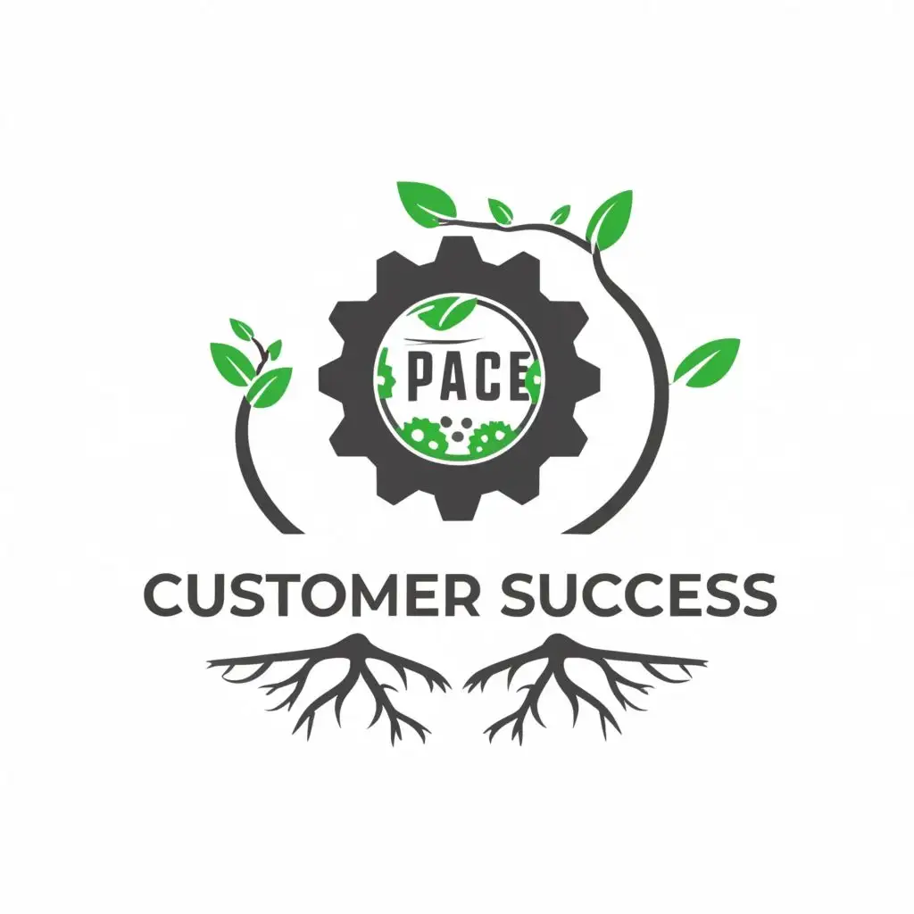 logo, use grayscale. Put pace in the middle of a gear with a tree in the background. Put Customer success in the gear under the tree roots., with the text "pace", typography