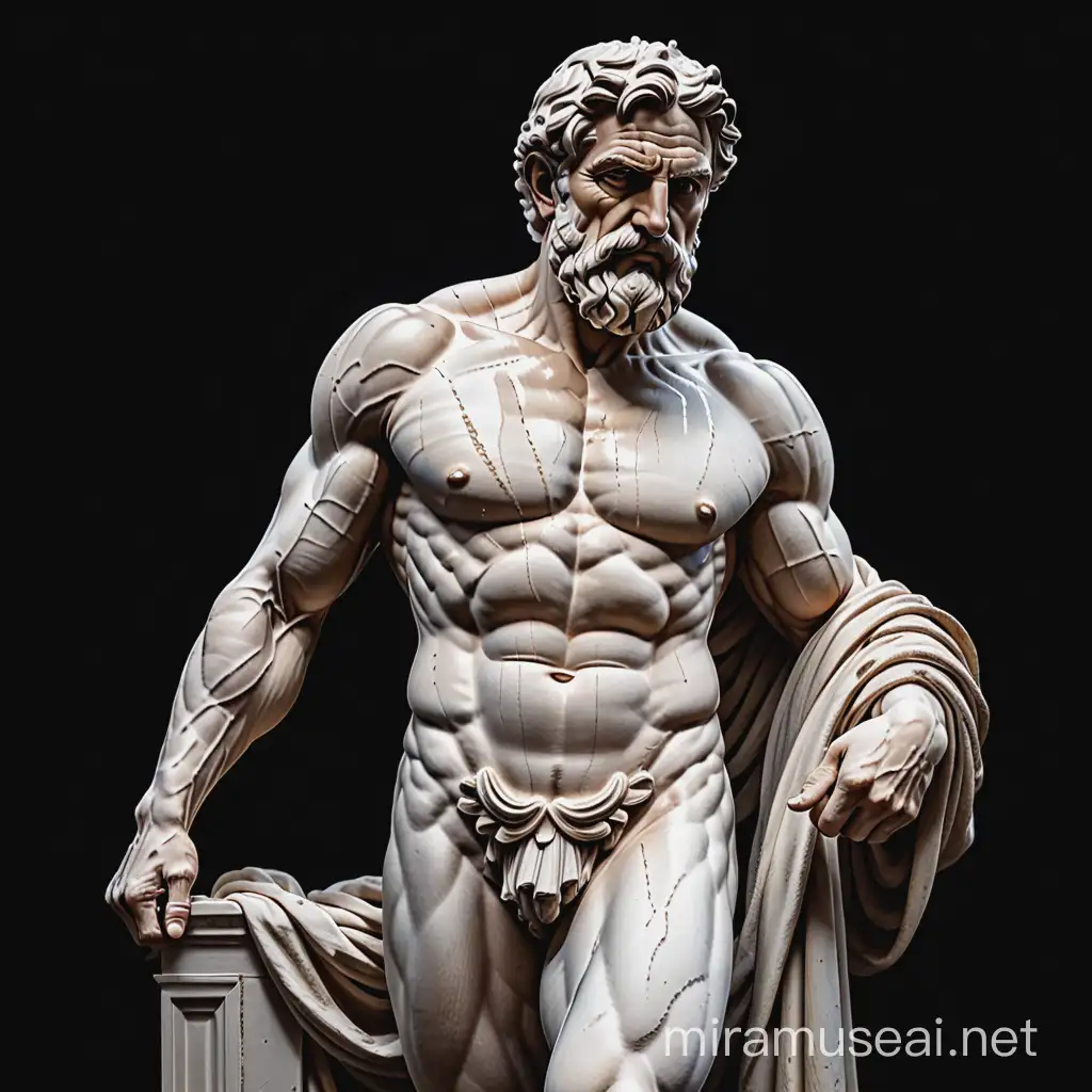 "Create a powerful image reflecting Greek culture by showcasing a weathered statue of an aged, muscular Greek man. Capture the essence of classical art and the enduring spirit of Greek civilization in this visually compelling representation.with a black background"
