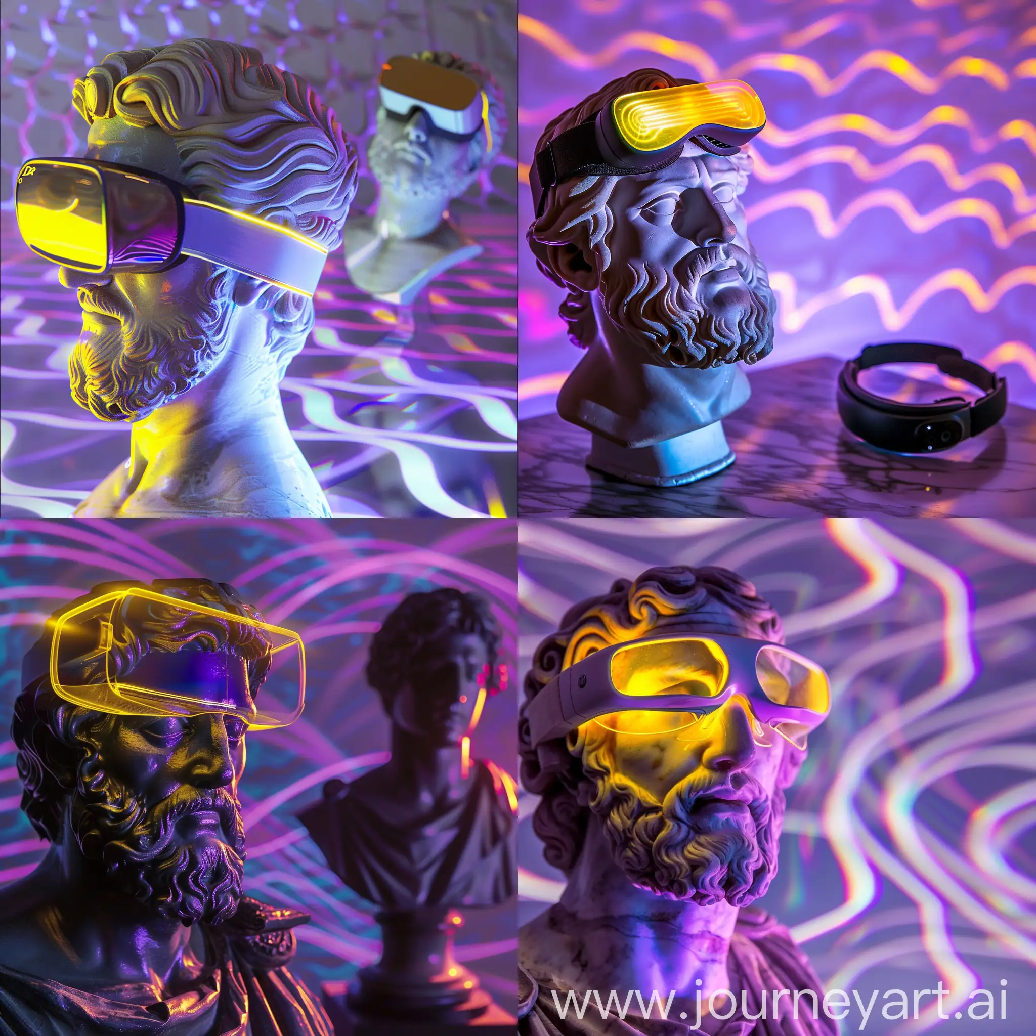 Bust-Style-Greek-Philosopher-Sculpture-with-VR-Glasses-and-Purple-Reflections