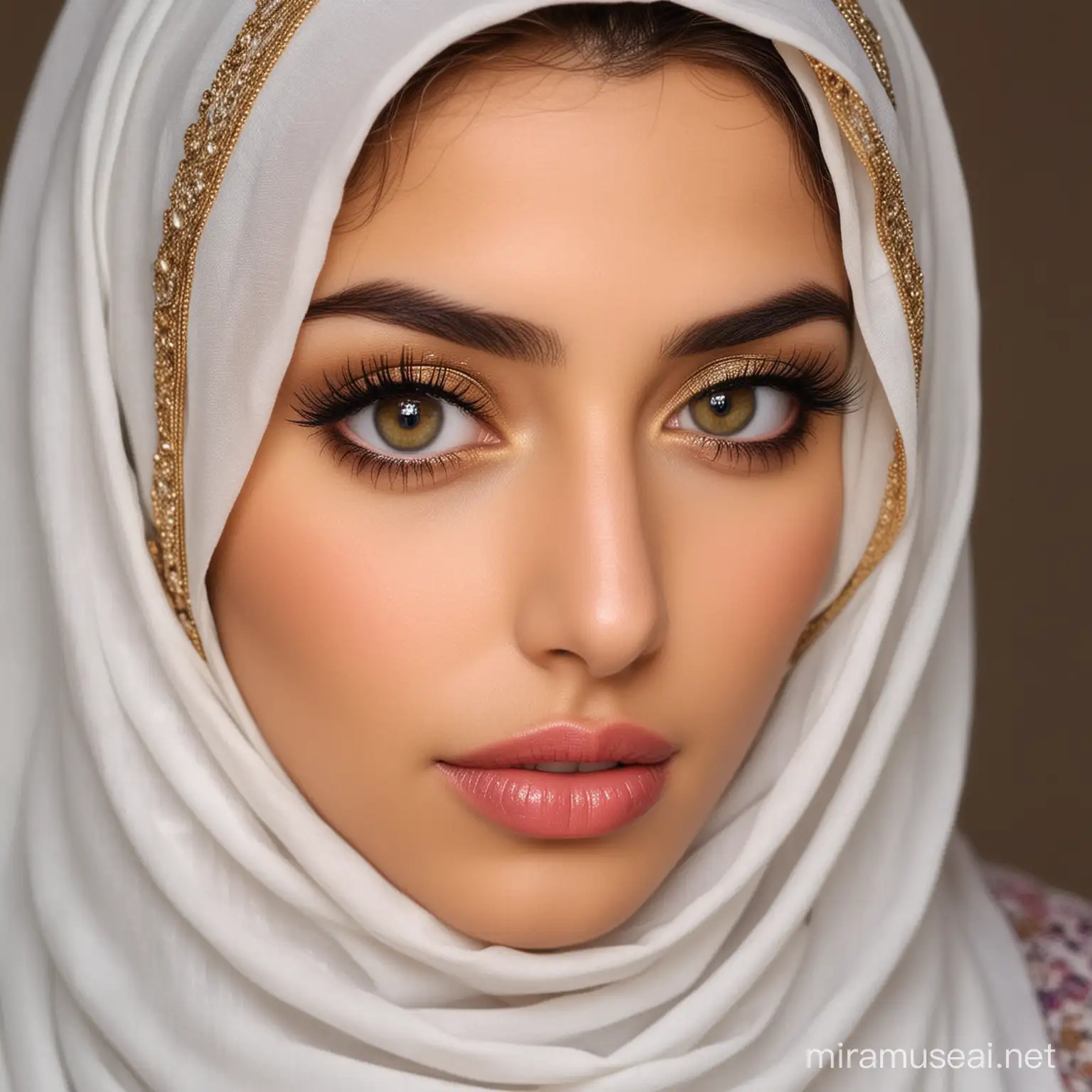 تصویر یک دختر زیبای حجابی ایرانی، چشم‌های بزرگ و زیبا دارد و لب‌های سکسی حجاب‌اش با رنگ طلایست و سینه های بزرگ دارد