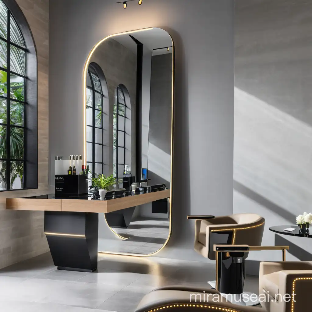 e modernized salon setting, featuring sleek lines, minimalist design elements, and cutting-edge technology. ncorporating elements like smart lighting, integrated digital displays, and innovative furniture pieces.
dont change mirror shape
