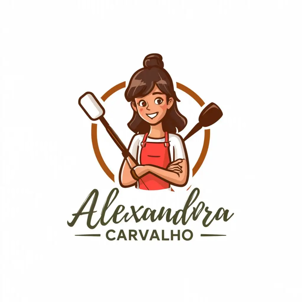a logo design,with the text "Alexandra Carvalho", main symbol:a girl with medium, brown curly hair with bangs, holding some kitchen tools smilling,Moderate,be used in Restaurant industry,clear background