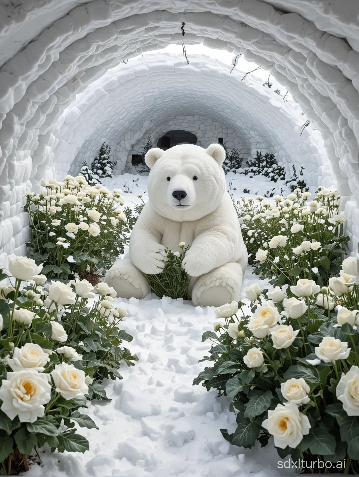 White-Bear-in-Igloo-with-Cabbage-Curious-Encounter-with-Spring-Blooms