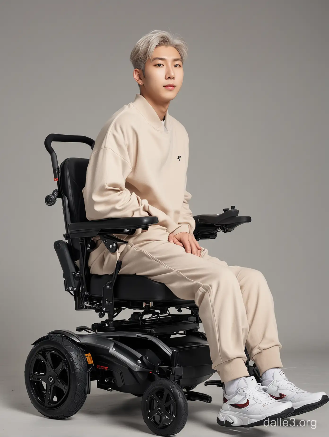 Namjoon sit in power wheelchair, slim skinny legs, muscular arms