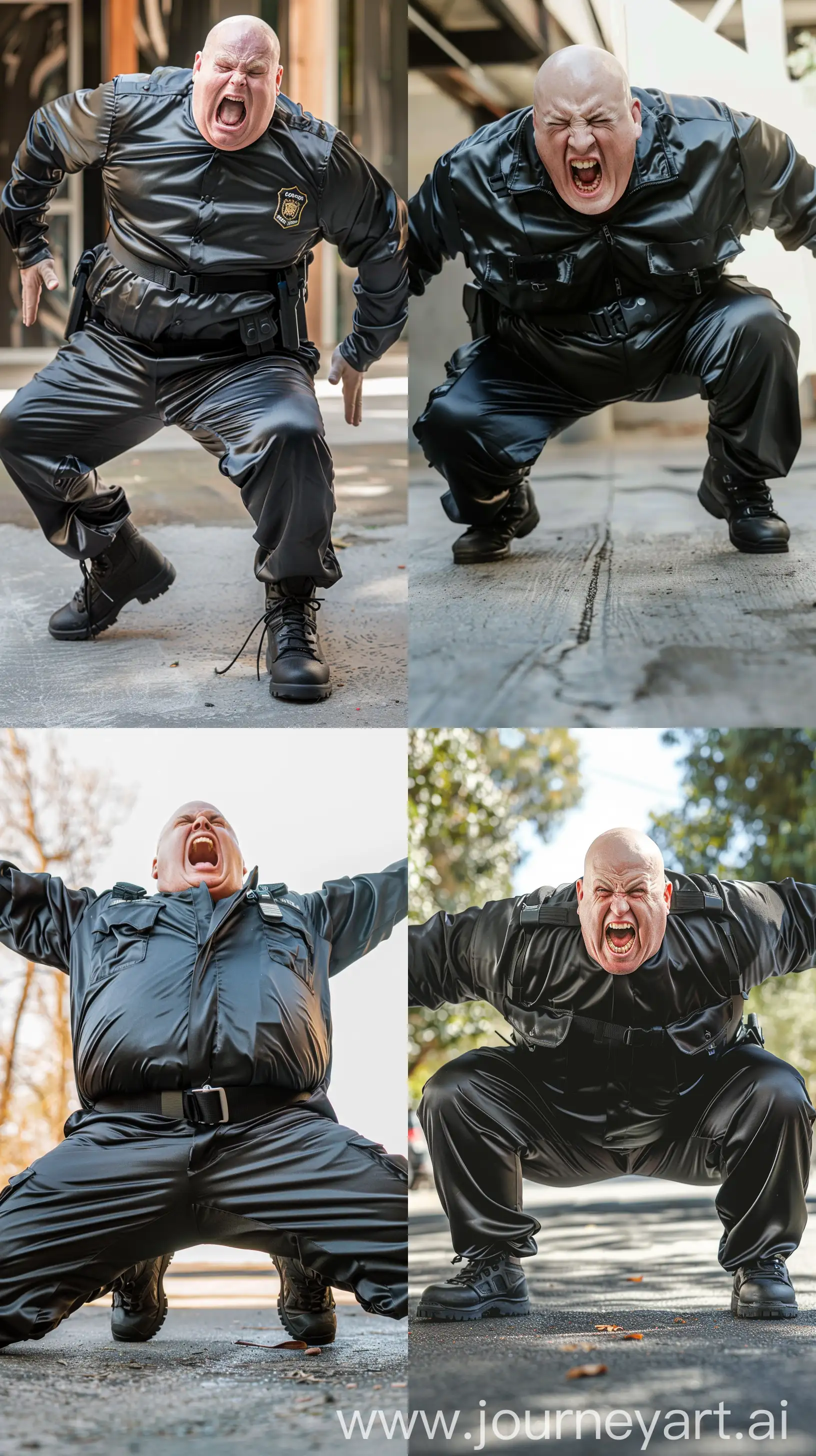 High-angle close-up front view photo of an angry fat man aged 60 wearing a silk black security guard skinny-fitted full coverall tucked in black tactical hiking boots. Black tactical belt. Falling on his knees on the ground arching back. Arms wide opened on the side. Bald. Clean Shaven. Natural light. --style raw --ar 9:16