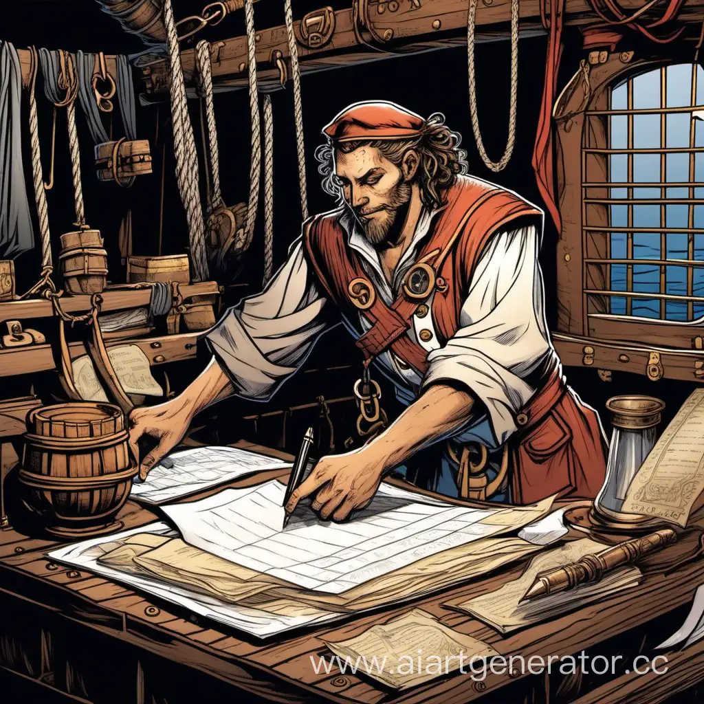 Парень, матрос торгового корабля, с бумагой и  пером записывает товары в трюме корабля, фэнтези, средневековья, грязная одежда, dnd 5e