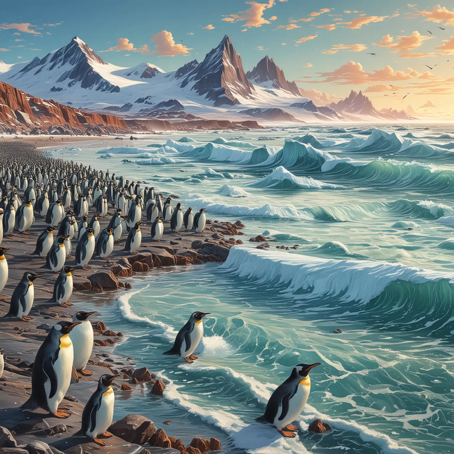 illustration,  neuronalen Stiltransfer, hintergrund : antraktika
Die tierreiche Küste der Antarktis: Entlang der Küstenlinie der Antarktis finden sich lebendige Kolonien von Pinguinen, Robben und Seevögeln, die das Leben in dieser unwirtlichen Umgebung zeigen. Tausende von Pinguinen watscheln über das Eis, während Robben faul in der Sonne liegen und Vögel elegant über die Wellen gleiten. Der Anblick und die Geräusche dieser reichen Tierwelt verleihen der eisigen Landschaft eine unerwartete Lebendigkeit und Energie.