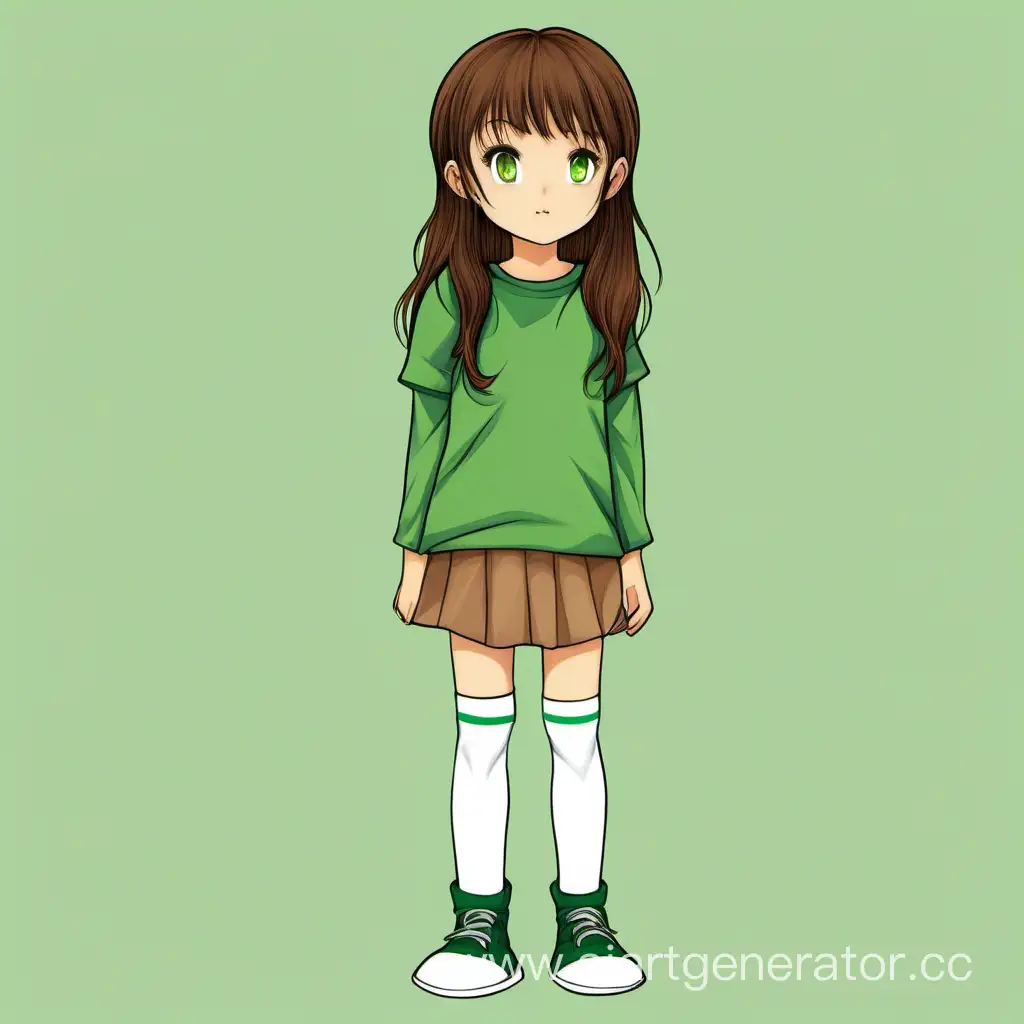 Девочка с каричневыми волосами, карими глазами, длинной зелёной футболке до колена, гетры большие