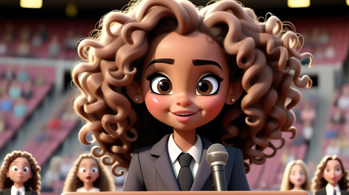 A beautiful  7 year old girl, cute, light brown skin, big hazel eyes long black eyelashes, blush,beautiful lips, round face, standing leading behind podium with microphone, full stadium, dress and blazer, extremely long long big brown detailed curly hair, disney style, cartoon character, smirk,