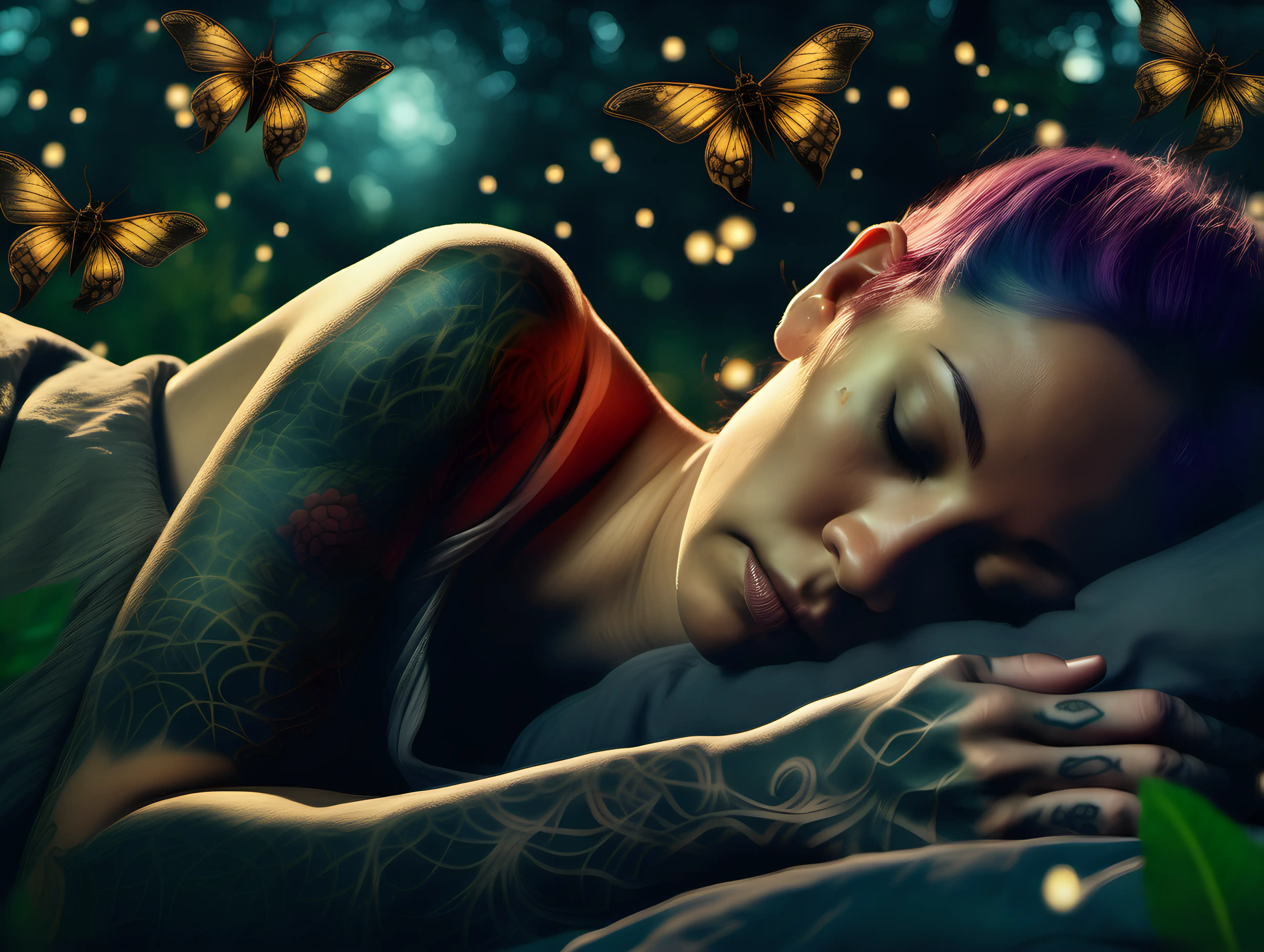ultra-realistic high resolution and highly detailed photograph of a female human  with draconic tattoos, sleeping in a beautiful garden lit up by fireflies