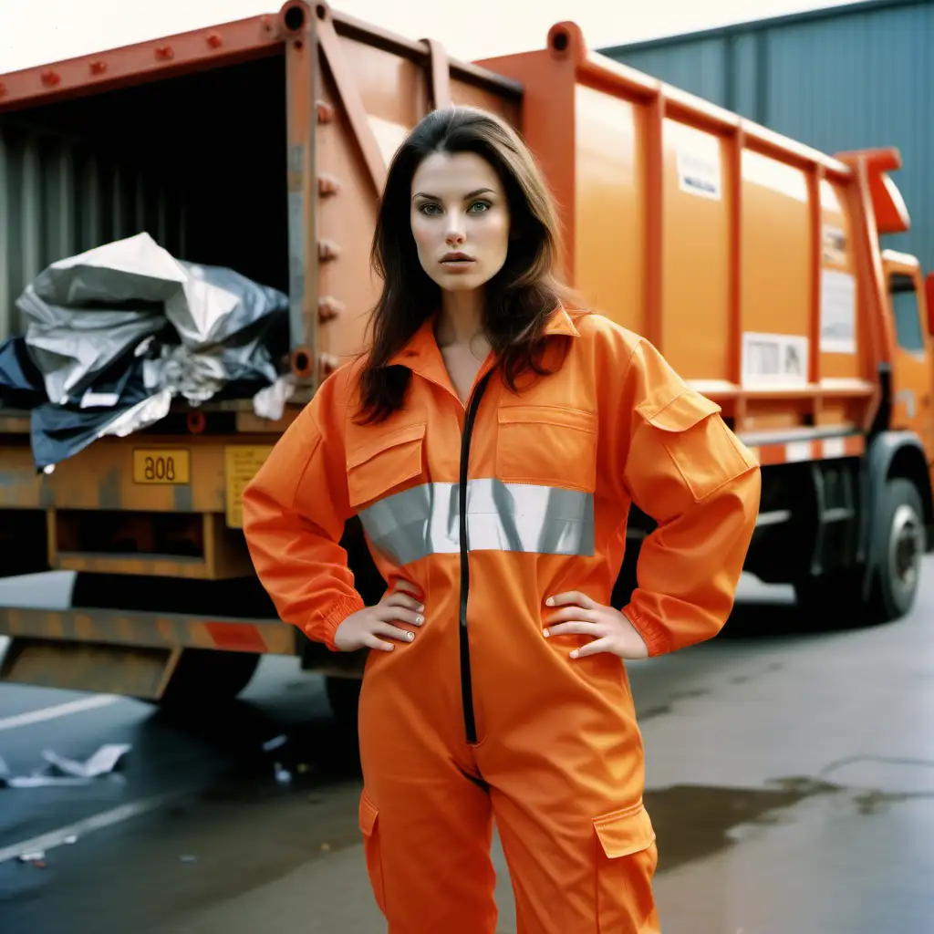 Brunette Model in Orange Warning Clothing by Garbage Truck