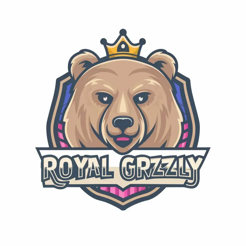 logo, a cute girlish grizzly with royal corners, with the text "Royal Grizzly", typography