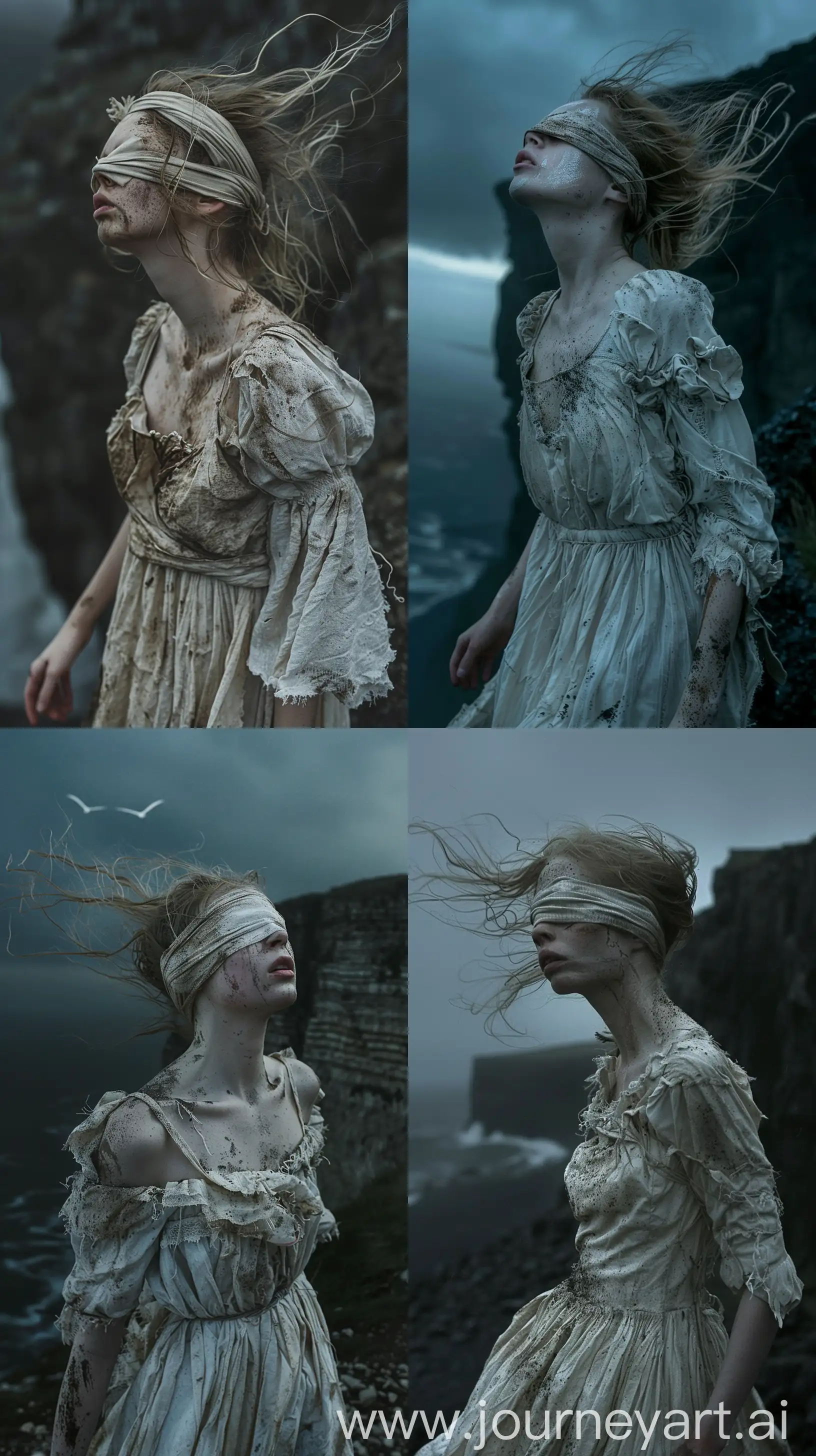 A pale skin woman with dirts on her body, ragged white baggy dress, blindfolded, wind blows on her hair, near a cliff, dark environment, dawn, darkness, dramatic lighting, --ar 9:16