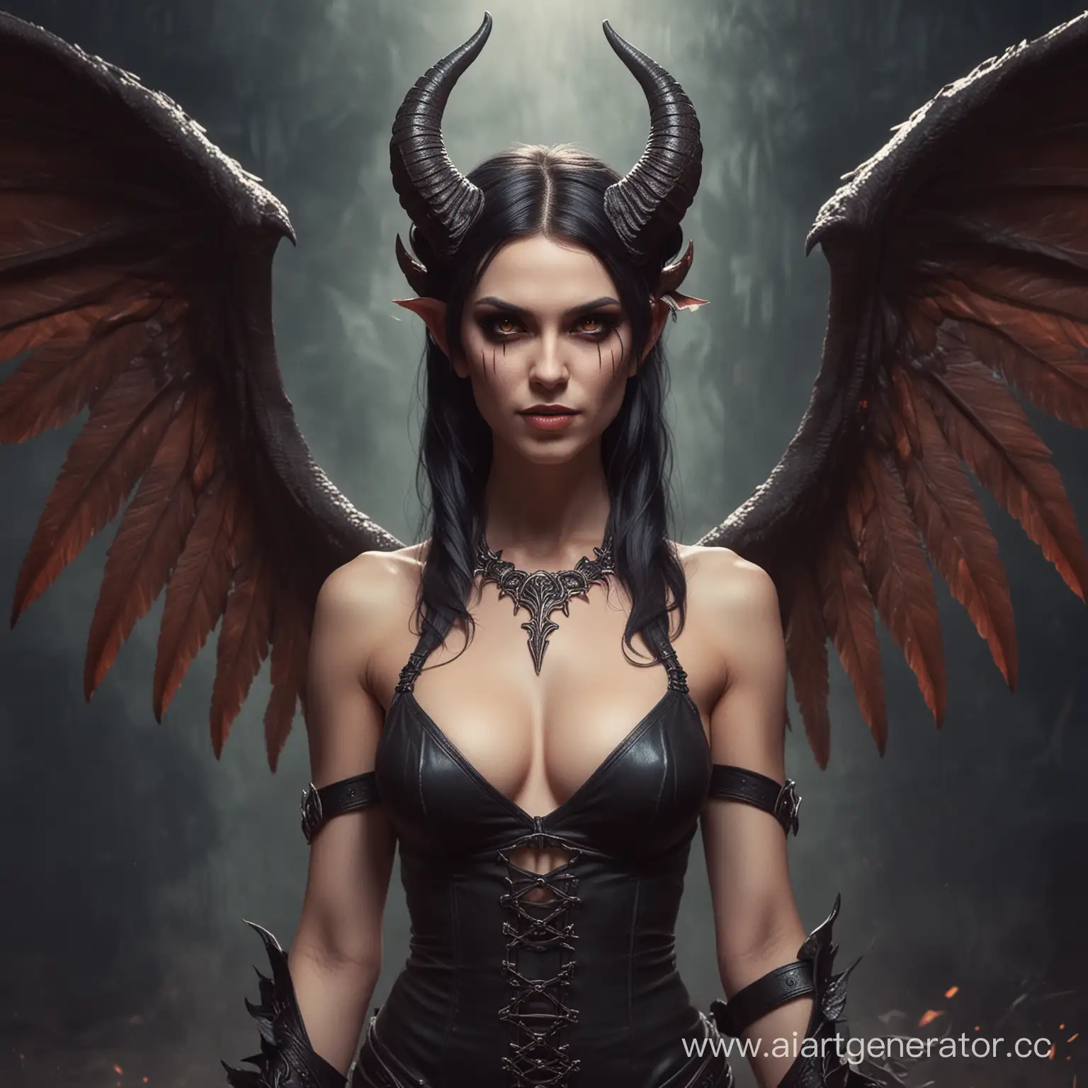 Красивая демоница Лилит с рогами и крыльями