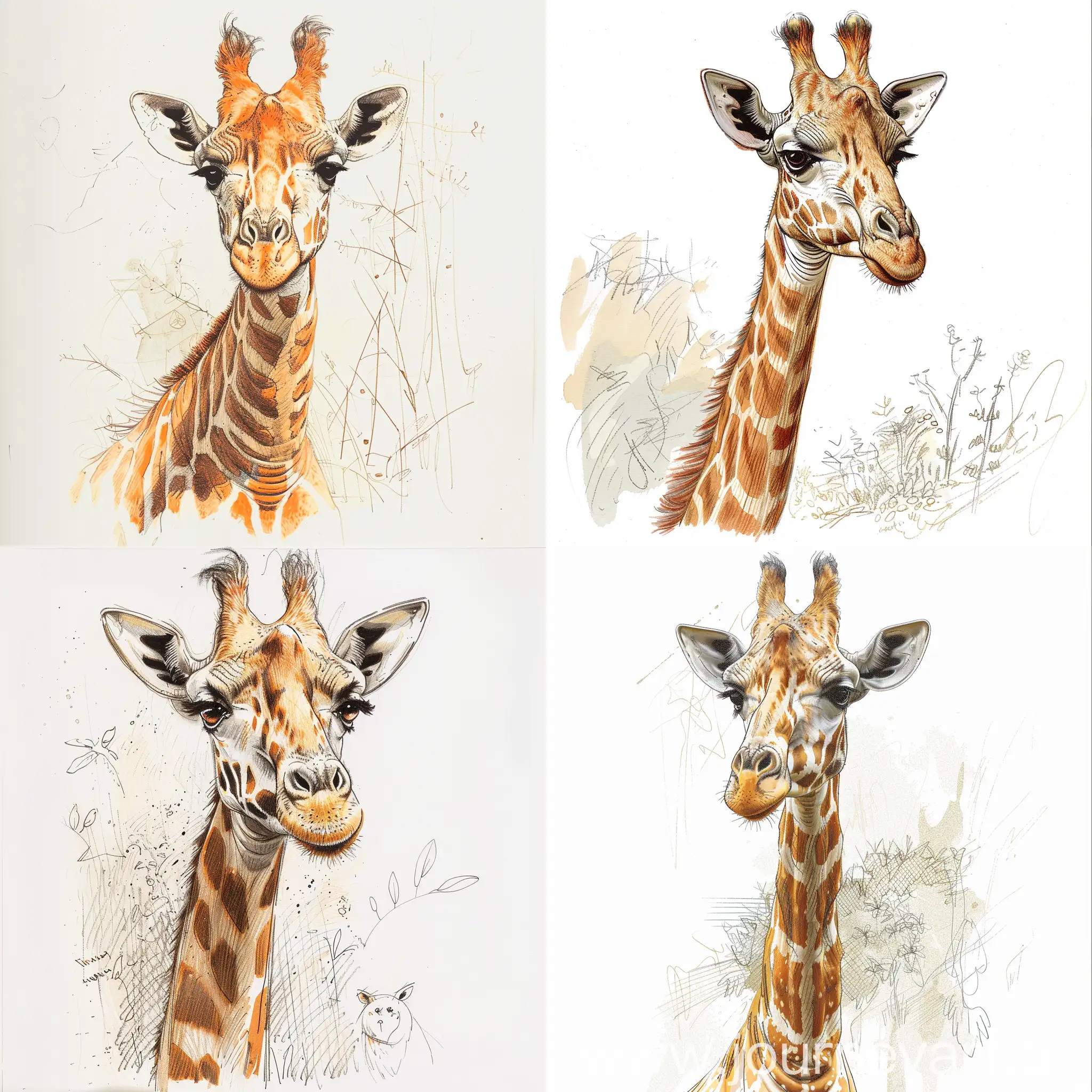 Envision an Giraffe illustrated in the style of an early 1900s children's book white background, where every stroke and shading mark is visible, adding depth and texture. The animal is drawn with a blend of realism and whimsical charm, its features exaggerated to capture a child-like wonder. The creature's expression is gentle and filled with personality, inviting stories and imagination. Shading is done with delicate pencil marks, highlighting the form and contours. The animal is the central figure against a clean white background, surrounded by a few sketched elements of its natural habitat to give context, yet keeping the focus on the animal itself. The overall artwork radiates the warmth and nostalgia of a time-honored children's tale
