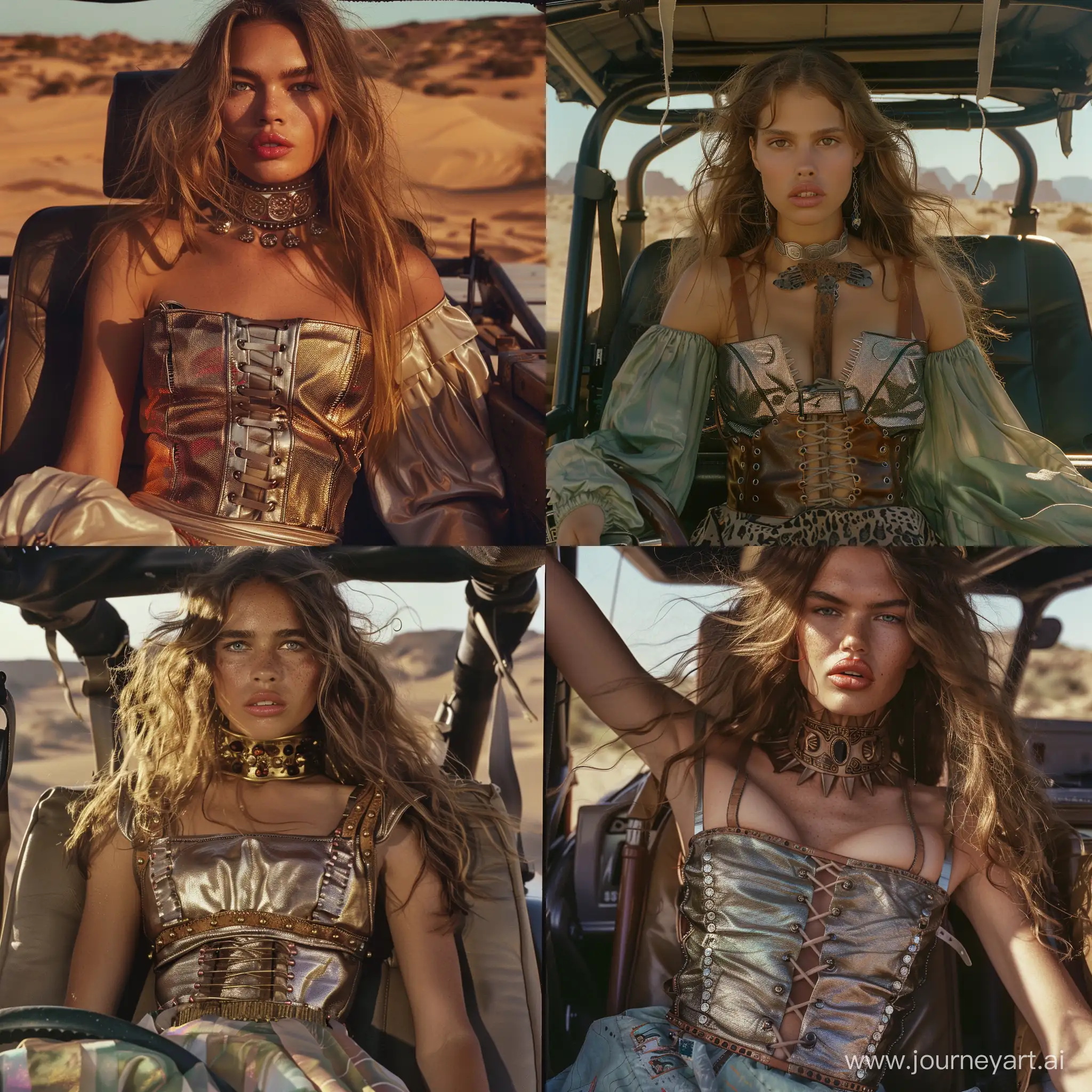Modern-Bedouin-in-Mad-Max-Style-Jeep-Portrait-with-Metallic-Corset-and-Face-Ornaments