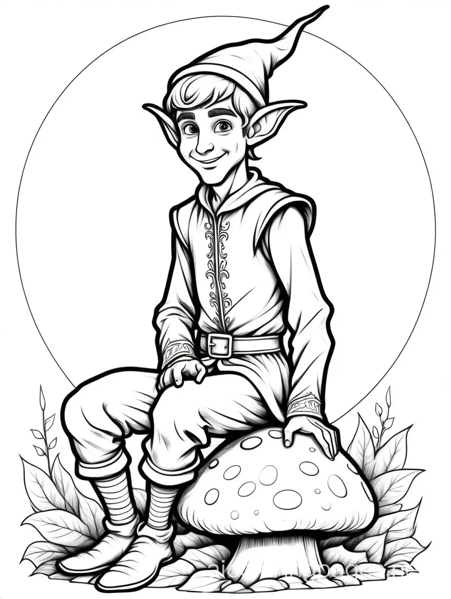 thin black lines, white background, a beautiful young thin, happy male elf with normal human ears. Full body view  of the elf. The elf has normal human ears and he sits on a big mushroom. The elf has normal human ears., Coloring Page, black and white, line art, white background, Simplicity, Ample White Space. The background of the coloring page is plain white to make it easy for young children to color within the lines. The outlines of all the subjects are easy to distinguish, making it simple for kids to color without too much difficulty