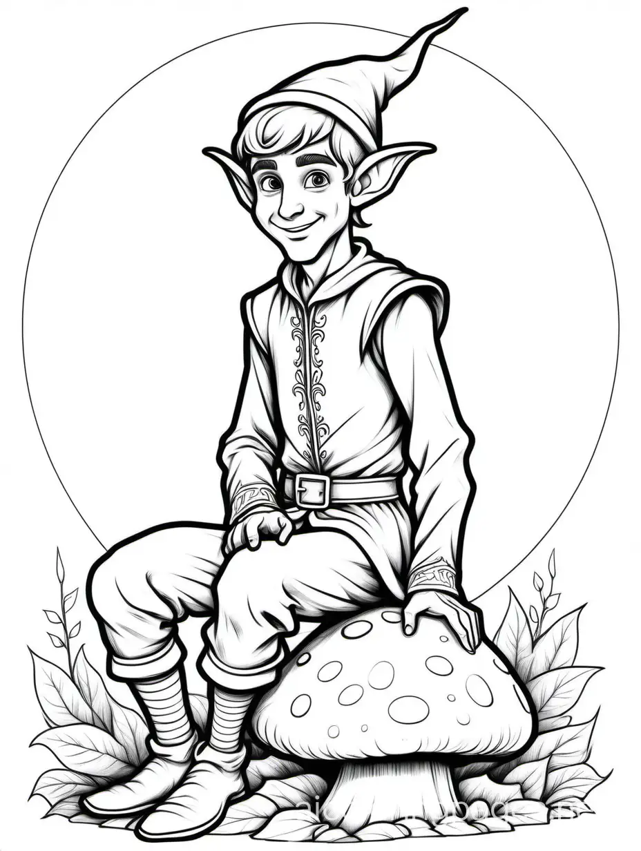 thin black lines, white background, a beautiful young thin, happy male elf with normal human ears. Full body view  of the elf. The elf has normal human ears and he sits on a big mushroo.m The elf has normal human ears., Coloring Page, black and white, line art, white background, Simplicity, Ample White Space. The background of the coloring page is plain white to make it easy for young children to color within the lines. The outlines of all the subjects are easy to distinguish, making it simple for kids to color without too much difficulty