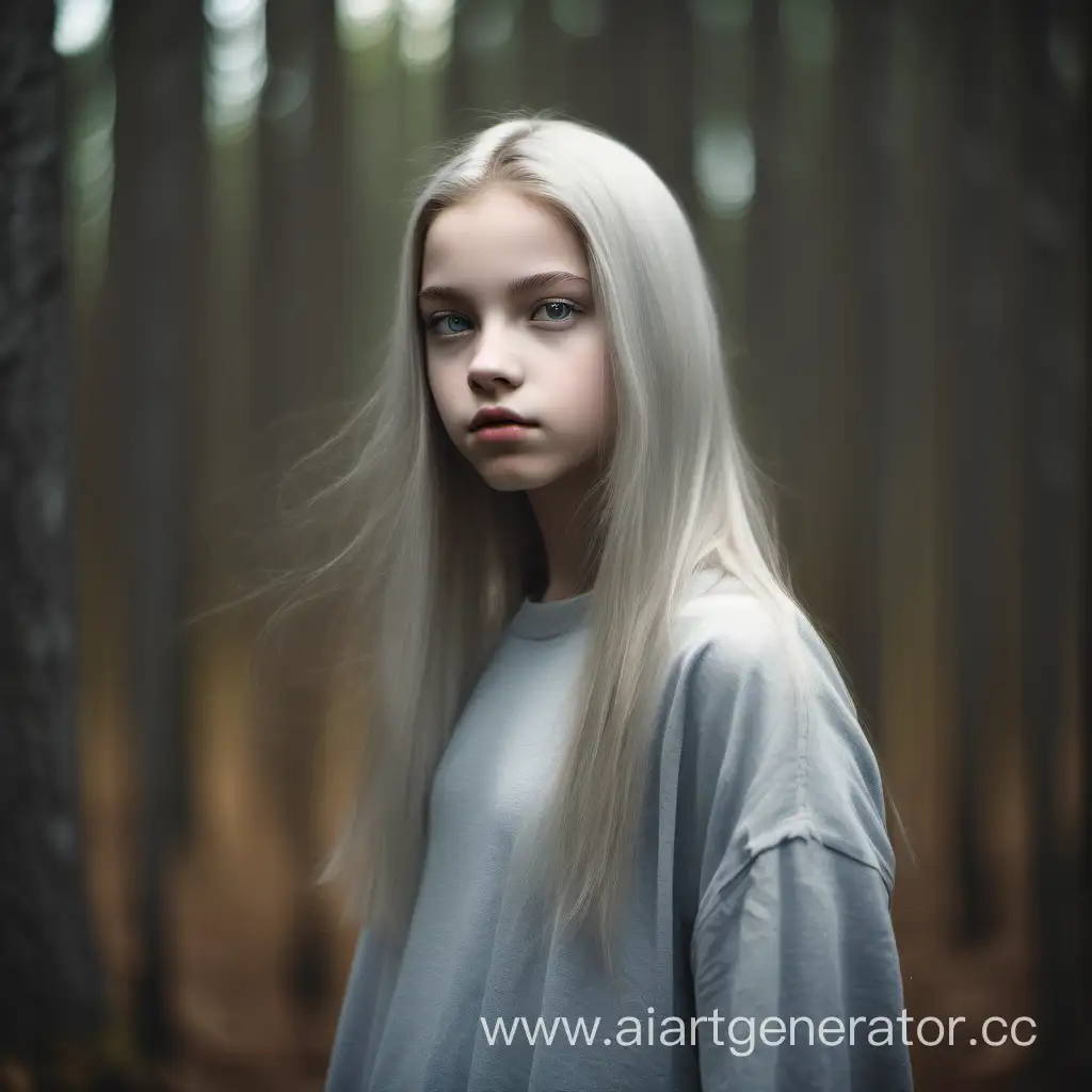 Красивая Девочка-подросток с очень светлыми волосами до плеч и серыми глазами, с бледным мрачным лицом на фоне леса