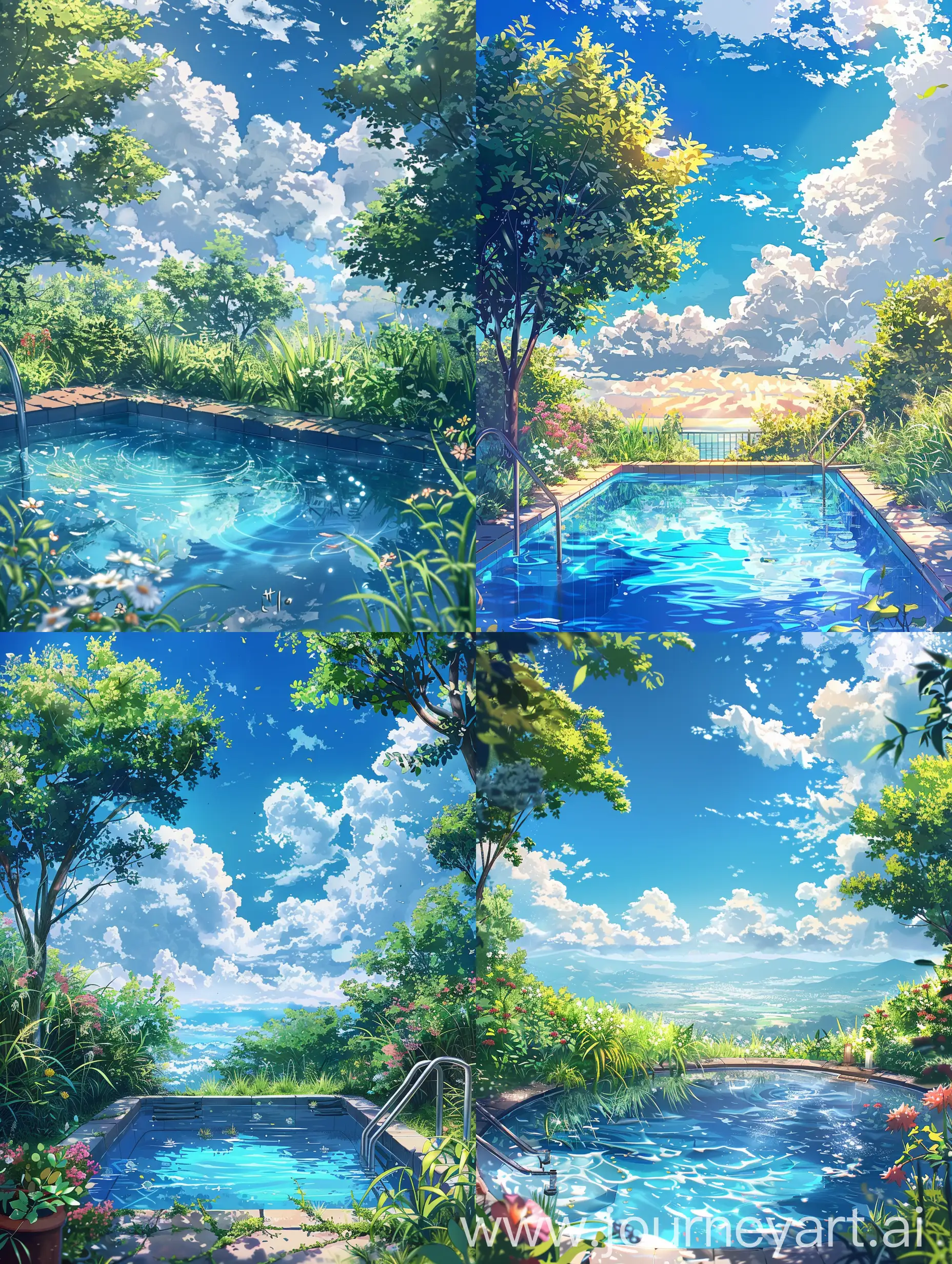 Beautiful anime style,beautiful summers,a nature made pool scene,windy,trees shed,a little bit of grass and flowers,beautiful sky,fluffy clouds,vibes,everything is highly detailed,best view,express summers beauty,cozy.