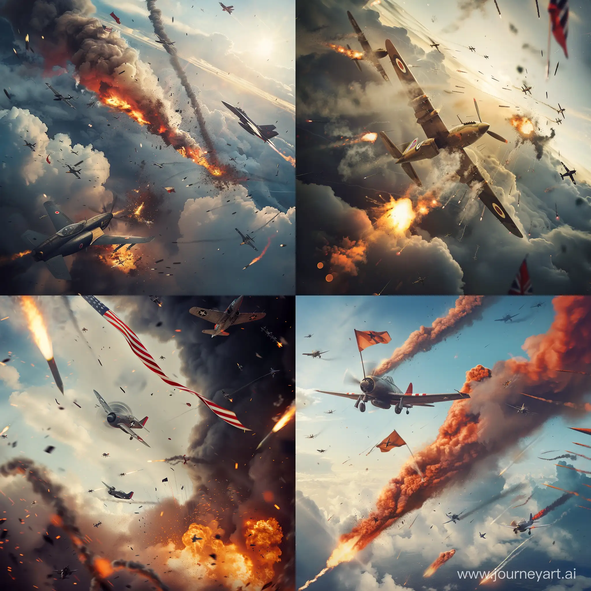 create a image of  Air force destroying  fighter planes and wins the battle and releases flag smoke with all visual effects and weapon effects