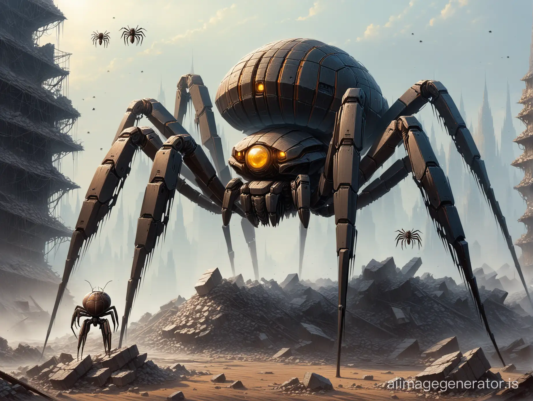 a giant spider sitting on top of a pile of rubble, concept art, by Ludwik Konarzewski Jr, peter gric and dan mumford, that looks like a insect, beksisnski, robot concept art, highly detailed, artstation, HD, 8K