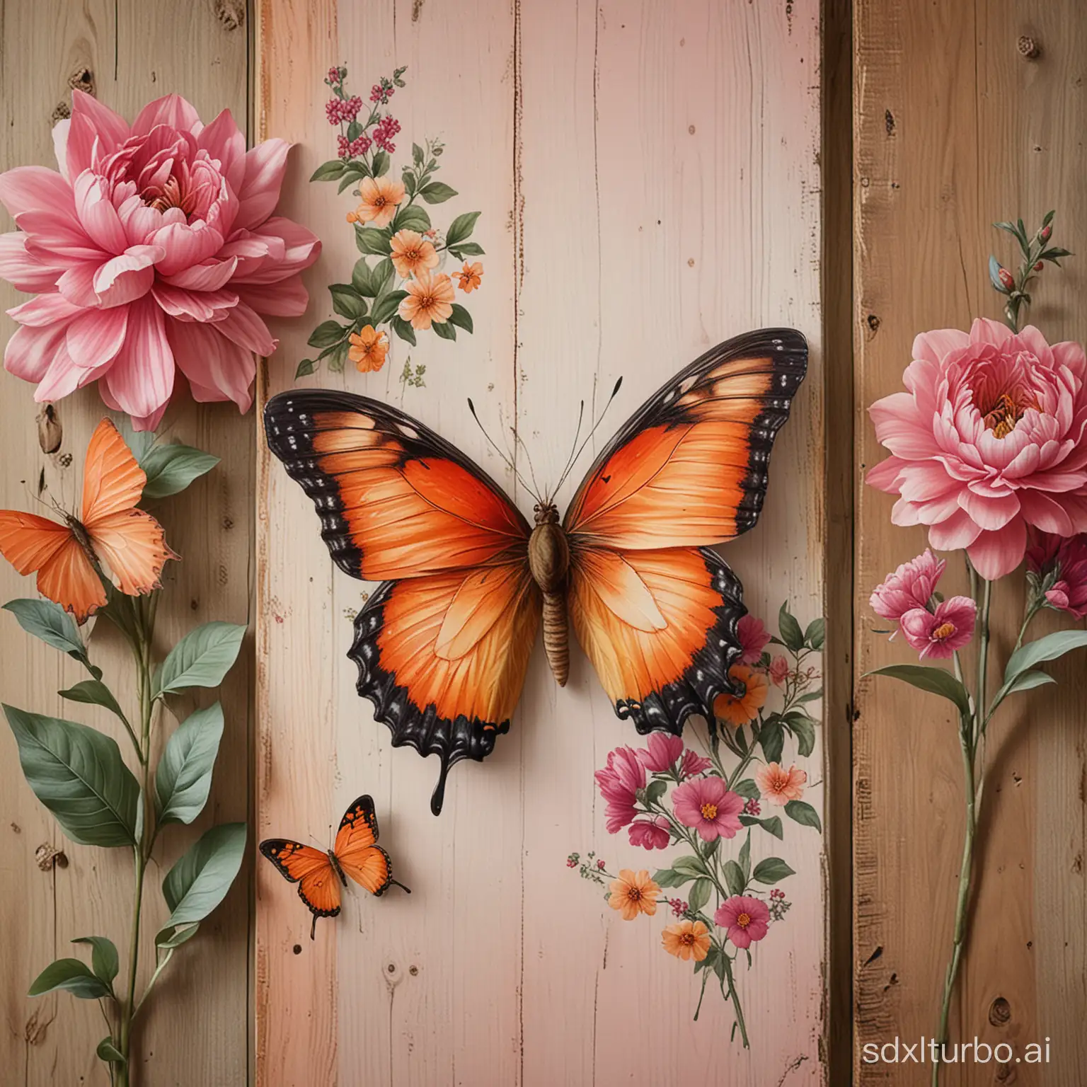 Vibrant-Floral-Panel-Paintings-with-Butterfly-on-Wooden-Plank