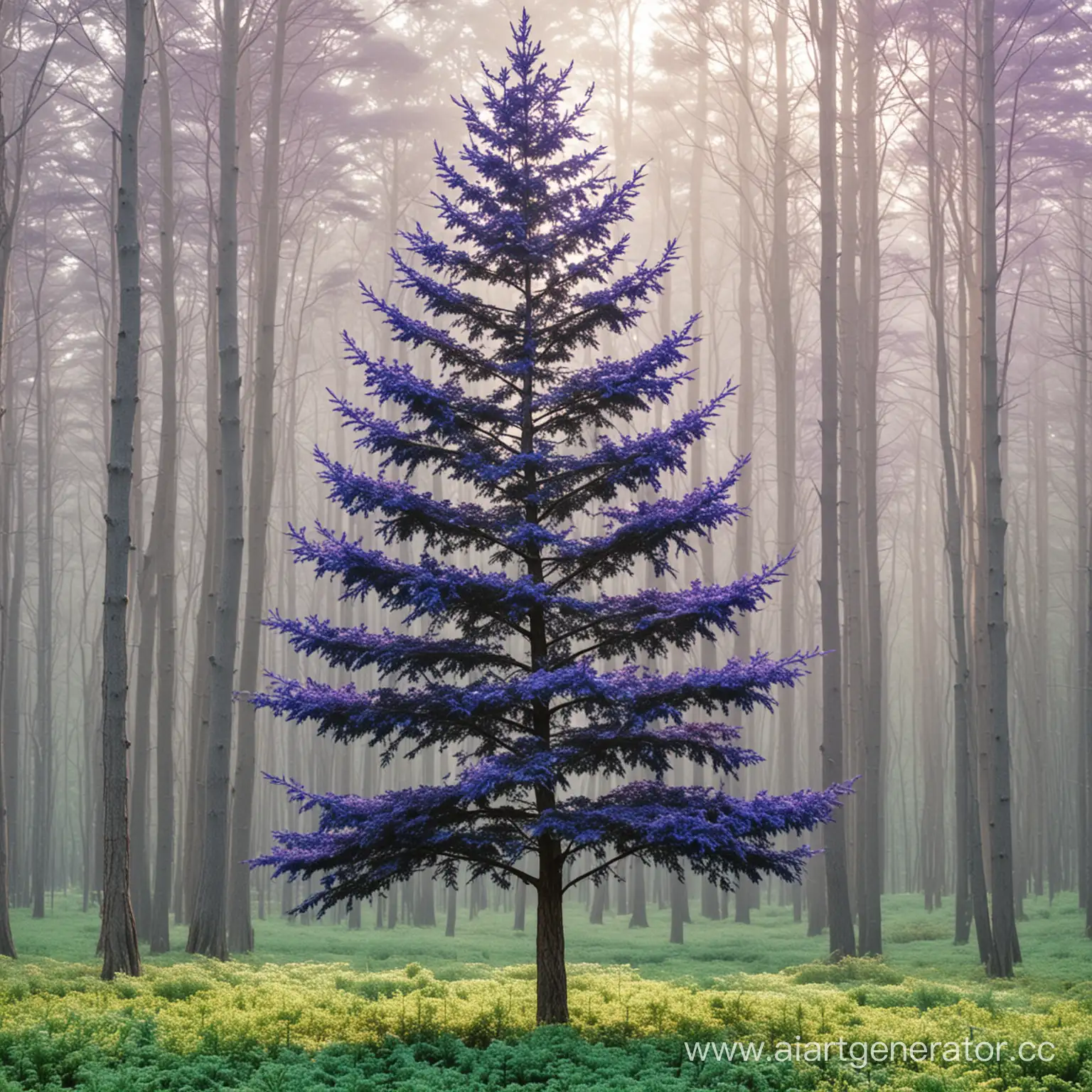 Высокое дерево похожее на ель с голубыми, фиолетовыми листьями