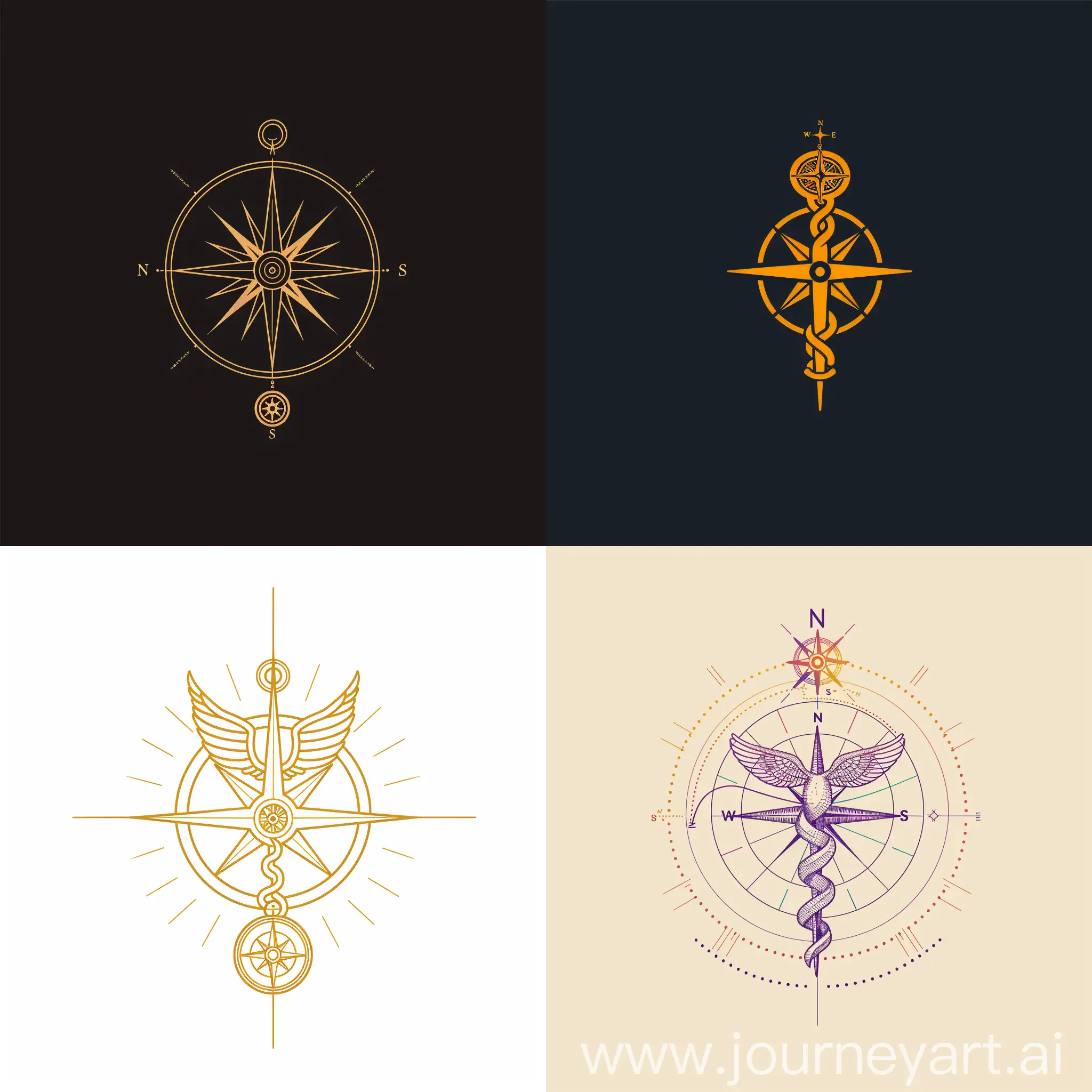 create a logo very simple line symbol of caduceus icon and a compass connected harmoniously together
