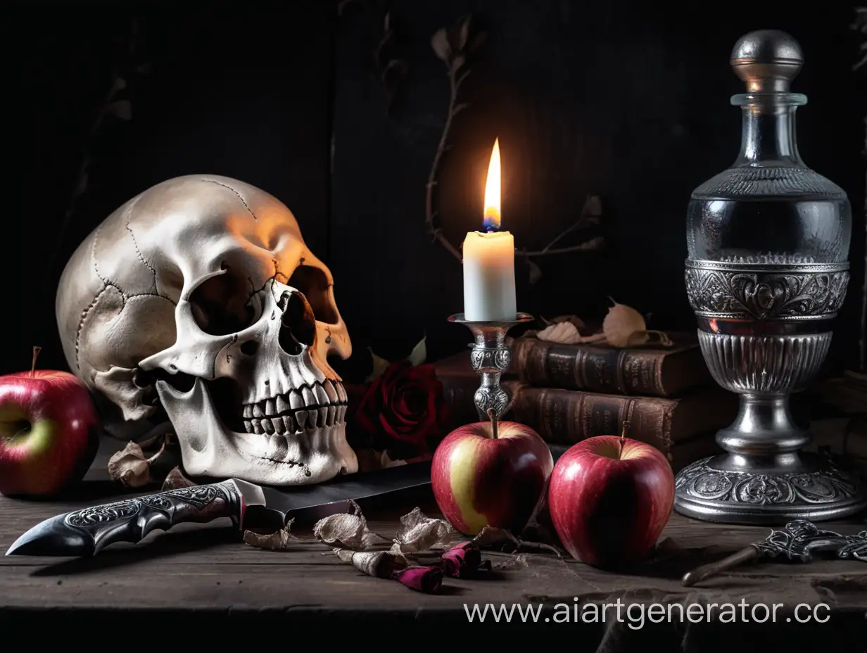 Gothic-Still-Life-Withered-Roses-Skull-and-Poison-Bottle