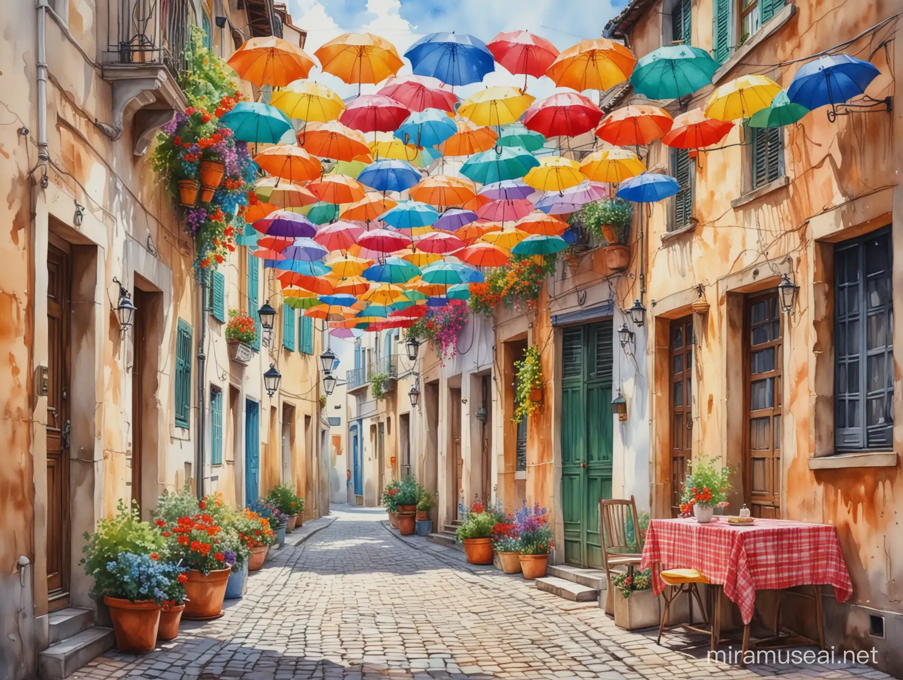 cobbled street, with old houses, colorful umbrellas hanging upside down forming a colorful ceiling. Vases with flowers on the doors of houses, tables with colorful tablecloths and chairs along the street. Watercolor, painting