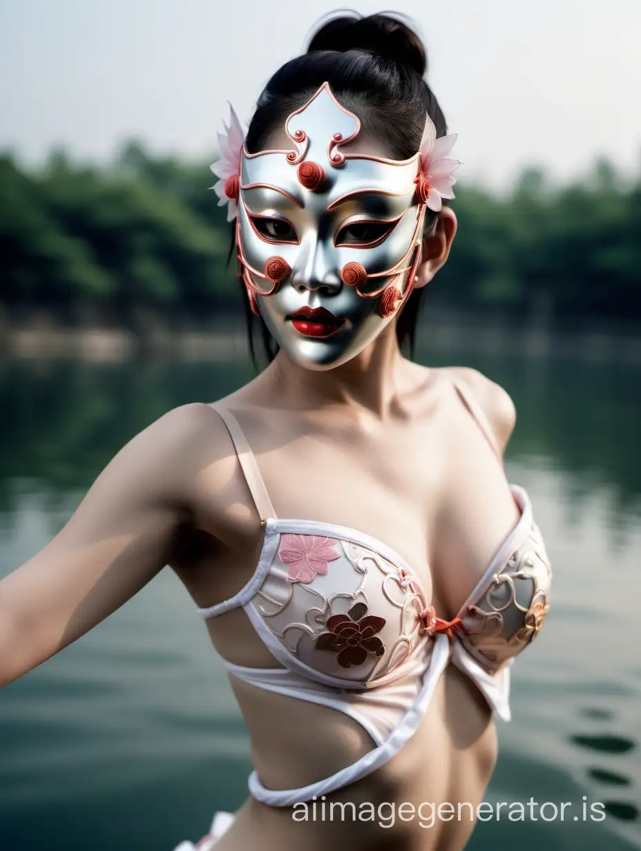 glamorous japonica noh half mask dancer feminine sexy lingerie, standing surface on the water, close-up powerful sharp abs glamour