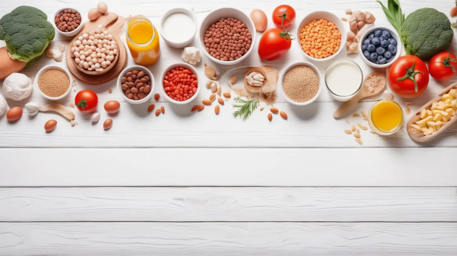 Composition with food products, ingredients of healthy diet, wooden  table, white background, copy space, photo shoot