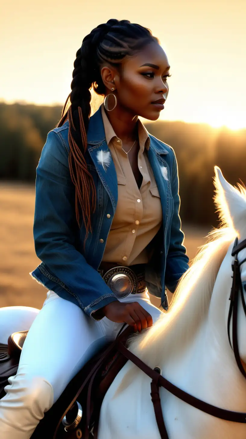 sexy Black woman wearing Black micro-braid pony tail, wearing a Navajo Tribal, feather headpiece , wearing a tan, Cowboy suede jacket, wearing faded blue denim, sitting on a white horse, Golden time of day, Ultra 4k, 1080p resolution,  realistic, lighting is volumetric