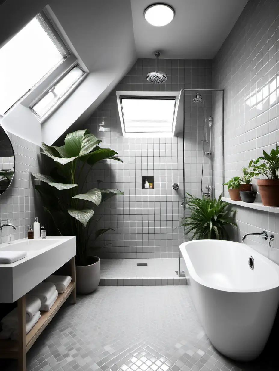 Modern Mansard Bathroom with Zellige White Mosaic Tile and Roof Window
