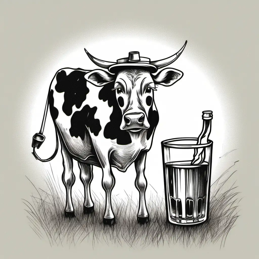 Cheerful Bovine Celebration Whimsical Drawing of a Joyful Tipsy Cow
